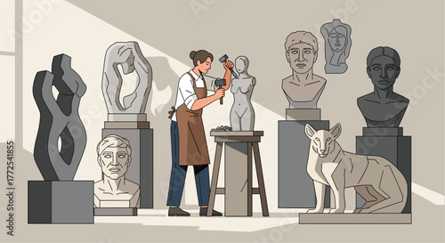 Skilled sculptor meticulously crafts a female form in a sunlit studio surrounded by diverse artistic creations