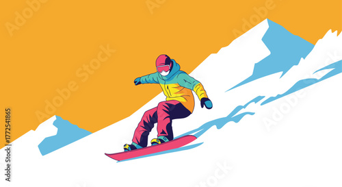 Dynamic snowboarder carving down a snowy mountain slope under a vibrant orange sky, capturing the thrill of winter sports adventure