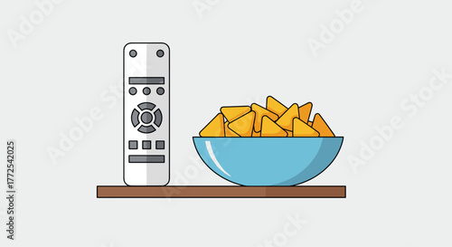 Relaxing evening at home with a TV remote and a bowl of crunchy tortilla chips on a shelf, perfect for entertainment time