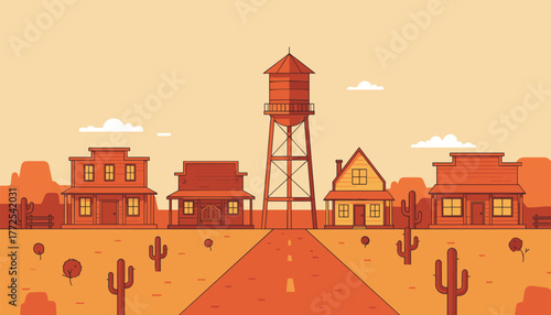 Vibrant desert town street scene with classic western buildings and a prominent water tower under a hazy sky