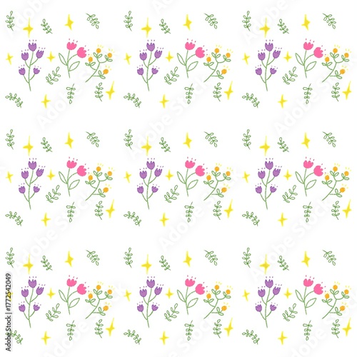 seamless pattern of hand-drawn flowers and leaves. The design includes pink, purple, and yellow blossoms with green stems and foliage, scattered across a white backgroun