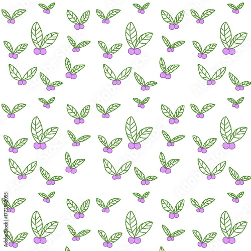 seamless pattern featuring small berries paired with green leaves, arranged neatly on a white background. The design has a light and festive feel, reminiscent of holly or mistle