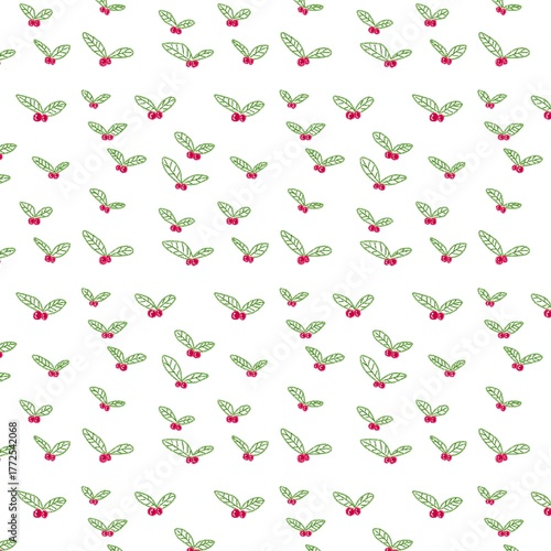 seamless pattern featuring small red berries paired with green leaves, arranged neatly on a white background. The design has a light and festive feel, reminiscent of holly or mistle
