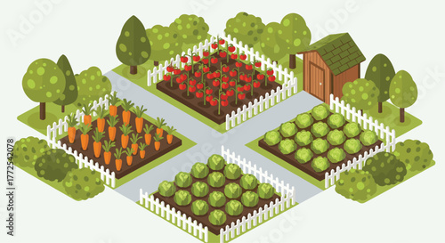 Vibrant isometric garden bursting with fresh carrots tomatoes and cabbage next to a charming wooden shed and lush green trees