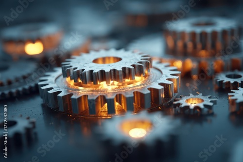 A close up of a metal gear wheel illuminated by glowing lights, creating a futuristic and abstract interface with light bulbs and stars in the background.