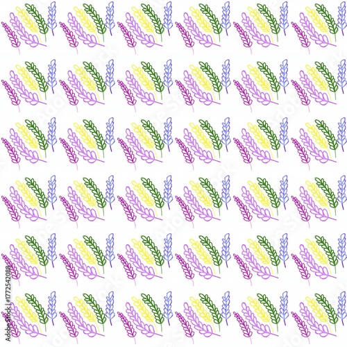 pattern of colorful botanical elements resembling wheat or lavender sprigs. The stems are drawn in pastel shades of purple, yellow, green, and blue, arranged neatly in 