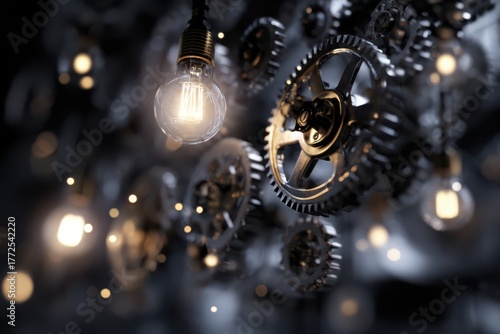 In this abstract image, a light bulb is suspended from a clock, creating a unique and intriguing visual concept.