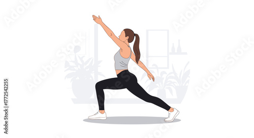 Confident woman gracefully practicing yoga warrior pose at home, achieving inner peace and physical strength in a serene setting