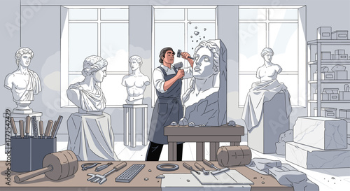 Skilled sculptor meticulously carves a classical bust in a bright, airy studio filled with artistic inspiration and tools