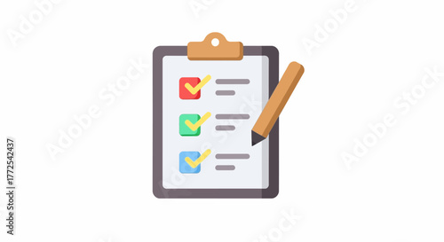 Flat lay of a clipboard with checklist and pencil on a clean white background