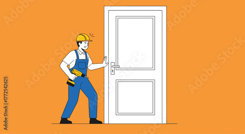 Determined handyman with drill struggles to open white door with surprised expression against vibrant orange background
