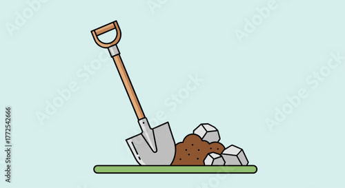 Spade digging soil and rocks, symbolizing construction, gardening, or manual labor for home improvement projects