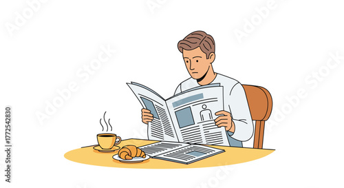 Focused man enjoys morning coffee and croissant while reading newspaper, a calm start to the day's endeavors