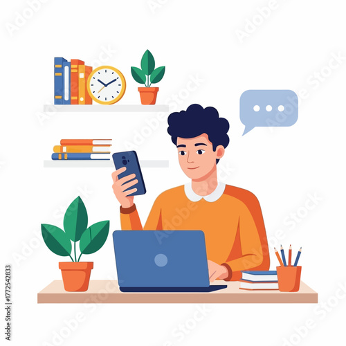 A young man working or studying at a desk with a laptop and smartphone, surrounded by books and plants in a modern workspace illustration.