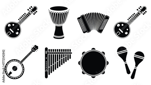 Set of eight black and white musical instrument vector icons scalable eps illustration vector