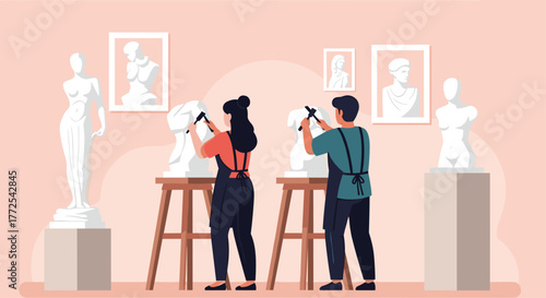 Talented artists meticulously sculpt classical statues in a bright, modern studio, showcasing creative passion and craftsmanship