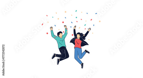 Excited diverse couple celebrating success with joyful jumps and colorful confetti in a vibrant, modern style
