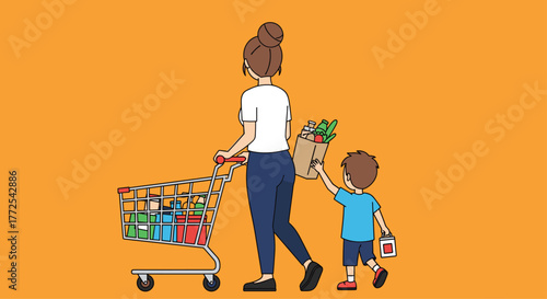 Joyful mother and child happily grocery shopping together with full cart and bag of fresh food