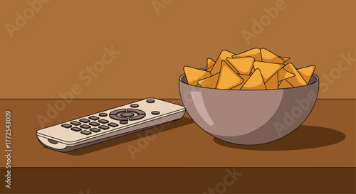 Relaxing evening with television remote and bowl of crunchy chips, perfect for movie night entertainment and casual snacking enjoyment