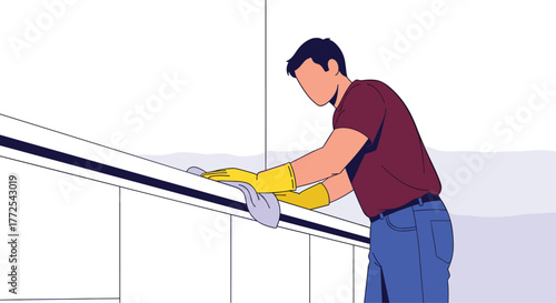 Dedicated cleaner meticulously wipes down a modern surface wearing yellow gloves and a cloth