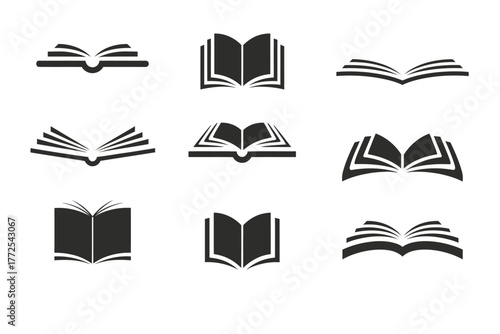 Set of 9 minimalist black and white open book vector illustrations for eps download vector