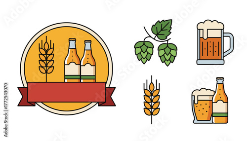 Celebrate craft brewing with these vibrant beer icons featuring barley hops bottles and refreshing mugs of golden ale