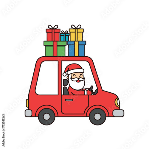 Santa Claus Driving Car Full of Gifts — Modern Flat Vect
