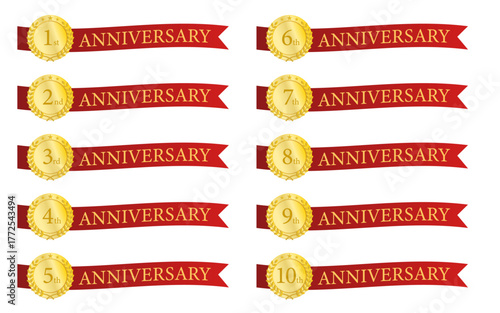 赤いリボンと金色メダルの周年記念バッジセット｜1周年から10周年までのアニバーサリーデザイン素材