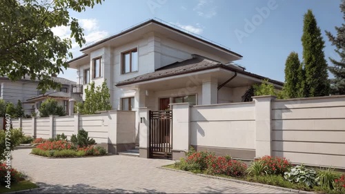 Modern house with garden and walkway on sunny day  