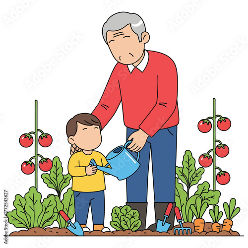 Grandfather and Grandson Watering a Vibrant Vegetable Garden