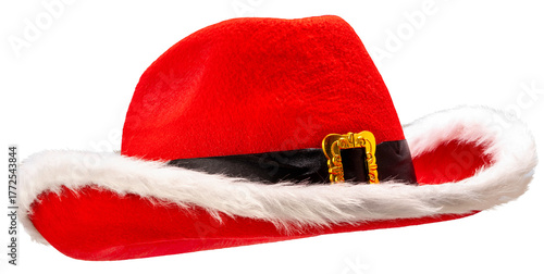 Red cowboy hat with its white furry trim and gold buckle is ideal for a Christmas party on grey background PNG file.