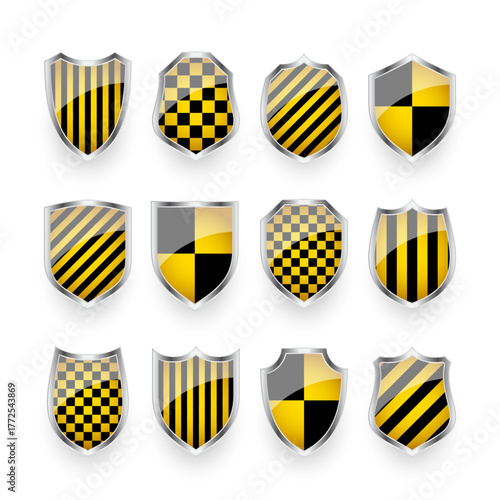 Glossy shields with yellow and black pattern. Security and protection concept. Cyber safety icons, internet privacy, web defense, digital data protection and antivirus themes. Vector illustration