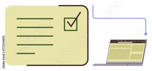 Checklist with text and tick mark linked to laptop displaying digital interface. Ideal for productivity, task management, online workflow, organization, planning, digital business, simple flat