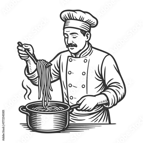 chef preparing hot pasta in a pot, traditional Italian cuisine sketch engraving generative ai fictional character vector illustration. Scratch board imitation. Black and white image.
