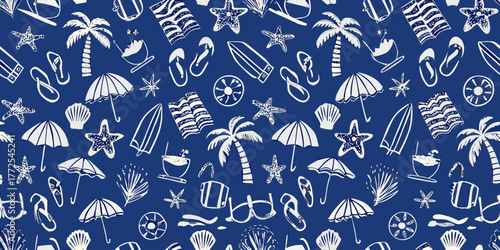 Seamless pattern of hand drawn beach icons including palm trees umbrellas surfboards and starfish on a blue background