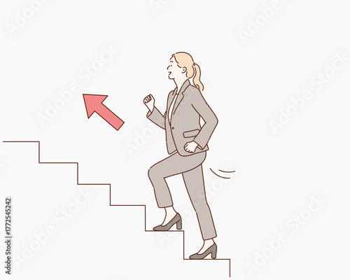 Business woman climbing stairs for success, growth and motivation concept, Hand drawn style vector design illustrations.