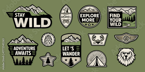 Collection of vintage outdoor adventure patches and stickers with inspirational slogans for exploration