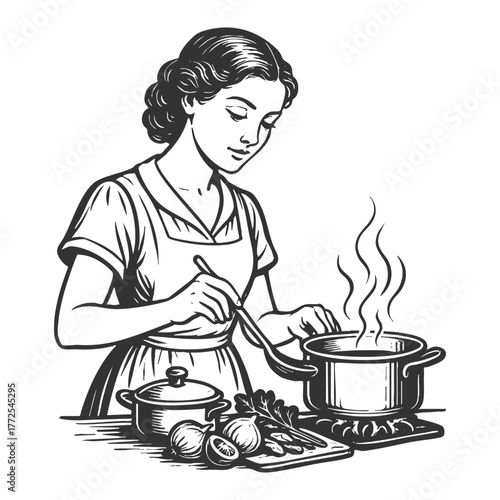 woman preparing soup at a stove, surrounded by fresh vegetables and kitchenware sketch engraving generative ai fictional character vector illustration. Scratch board imitation. Black and white image.