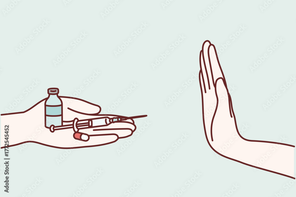 Obraz premium Human hand refusing syringe and medicine offer, drug rejection and anti narcotic concept, Hand drawn style vector design illustrations.
