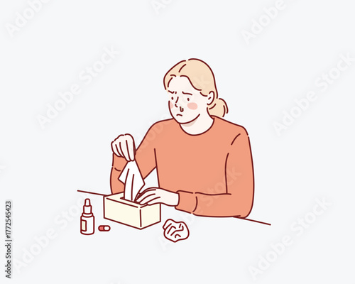 Woman with runny nose and sneezing caused by allergy to pollen, dust or pets, Hand drawn style vector design illustrations.