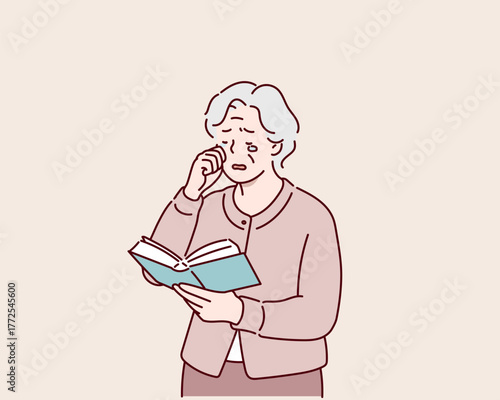 Elderly Woman Crying Emotionally While Reading Book Hand drawn style vector design illustrations.