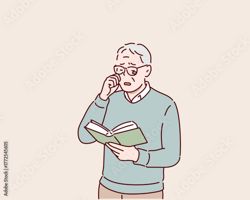 Elderly Man Crying Emotionally While Reading Book Hand drawn style vector design illustrations.