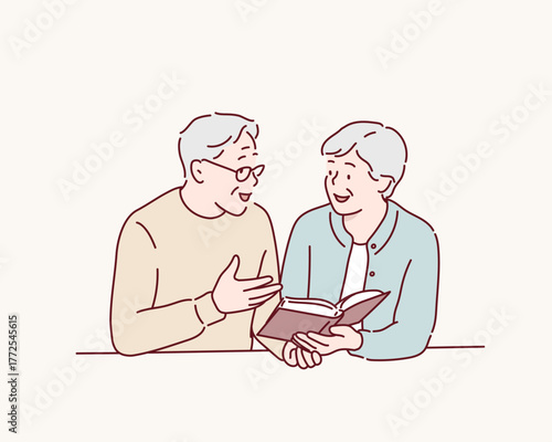 Elderly Couple Reading Together Hand drawn style vector design illustrations.
