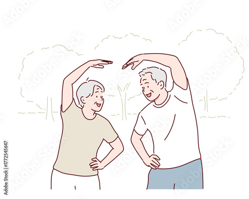 Elderly Couple Facing Each Other Doing Arm Stretching Hand drawn style vector design illustrations.