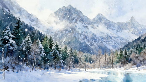 Watercolor painting of snow-covered mountains and evergreen trees in winter