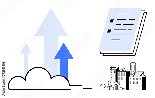 Rising blue arrows symbolize progress, documents represent planning, and urban housing highlights development. Ideal for growth, sustainability, city planning, innovation, analysis, investment