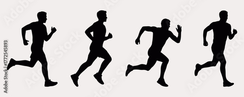 Running stickman silhouette collection illustrating human motion, jogging, and exercise poses showing speed, energy, and movement for sport, fitness, and physical activity concept design