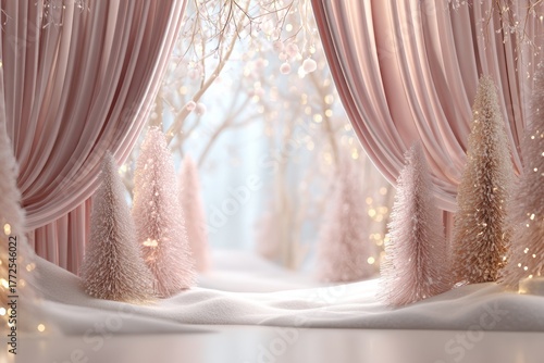 Elegant pink Christmas backdrop with soft velvet curtains, adorned with sparkling lights and fluffy trees, creating a whimsical holiday atmosphere with copy space