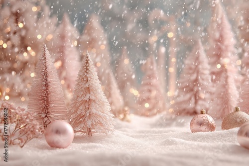Soft powder pink Christmas scene with fluffy snow, pastel fir trees, and shimmering ornaments, creating a serene winter wonderland atmosphere with copy space