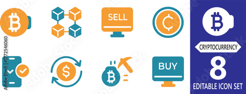 A modern and minimal cryptocurrency vector icon set including Bitcoin, blockchain, wallet, mining, and exchange visuals. Perfect for fintech, crypto trading, apps, and digital currency-related project